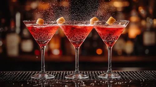 Drei rote Cocktails mit Orangenschalen-Garnitur.