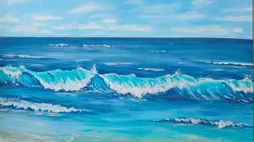 Waves crashing in a blue ocean scene.