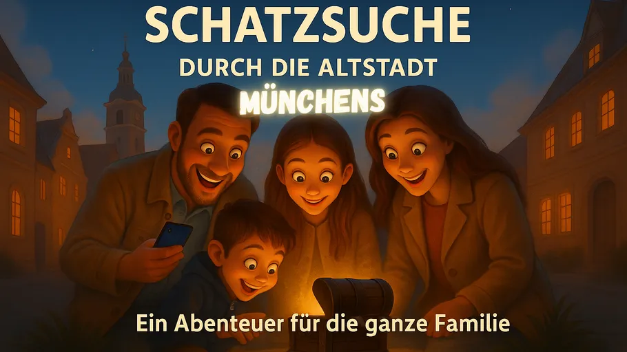 Family happily discovers treasure chest at night.
