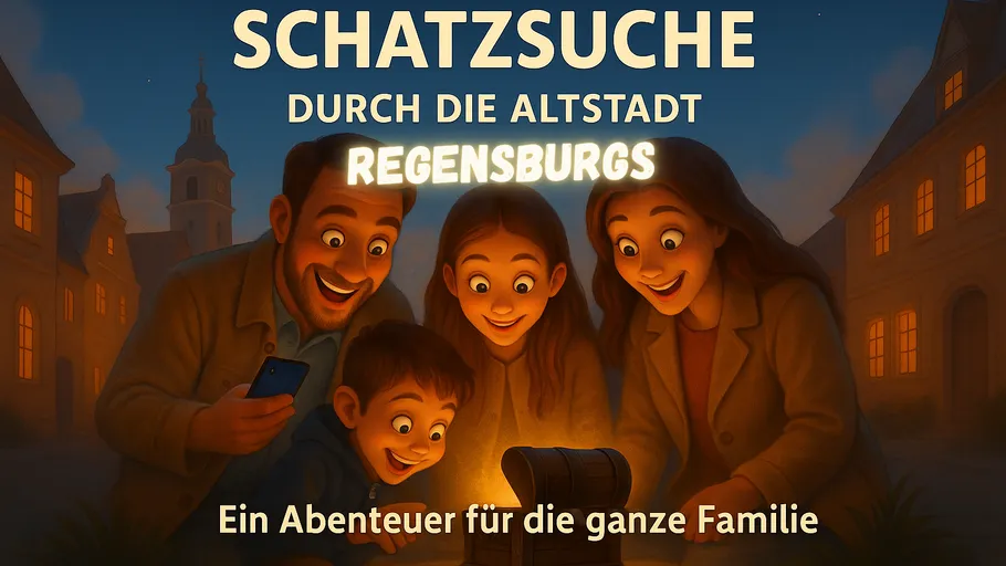 Familie entdeckt aufgeregt eine Schatztruhe bei Nacht.