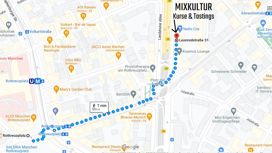 Walking route from Rotkreuzplatz to Leonrodstraße, Munich.