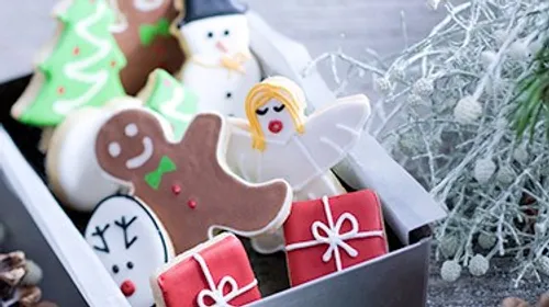 Christmas cookies in a festive box with decorations.