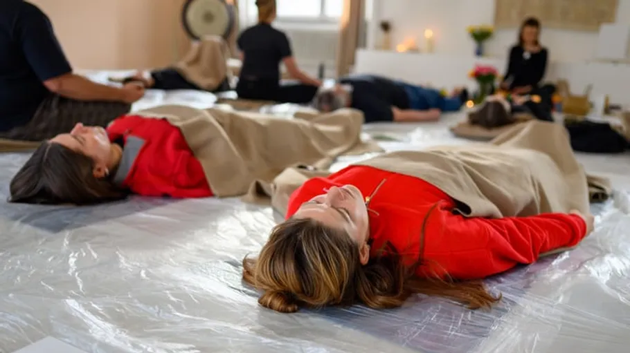 People lying down in meditation room.