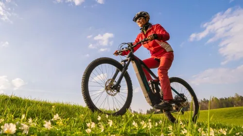Person fährt Fahrrad auf Wiese mit Blumen.