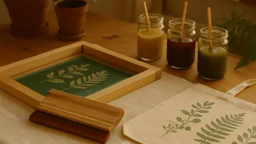 Printmaking tools and prints on wooden table.