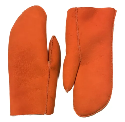 Orange leather mittens on white background.