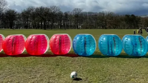 Colorful bubble balls on grassy field.