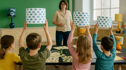 Children raise crafted lampshades in classroom.