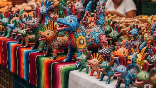 Bunte Tierfiguren auf einem Markttisch ausgestellt.