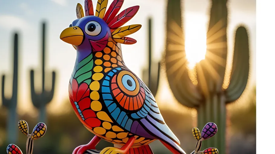 Colorful bird sculpture in desert with cacti.