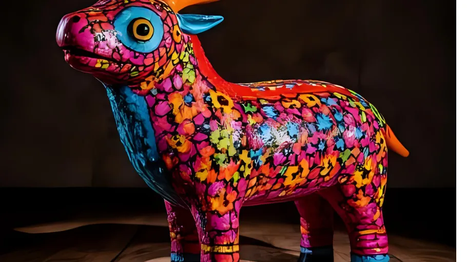 Colorful, patterned animal statue indoors.