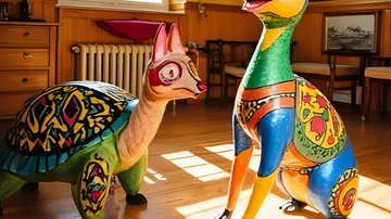 Colorful animal sculptures in a sunlit room.