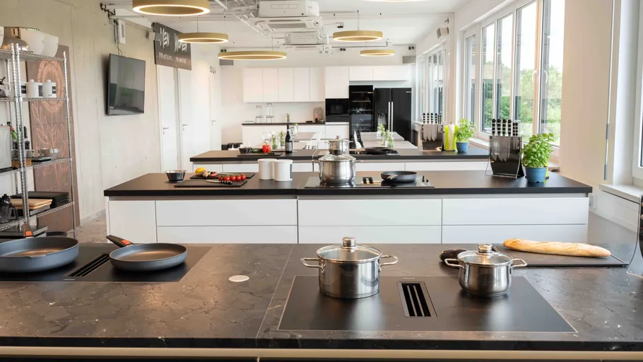 Modern kitchen with cooking stations and windows.