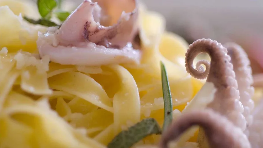 Nudeln mit Tintenfischtentakeln und Kräutergarnitur.