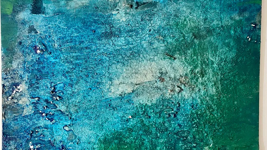Abstract painting with blue and green textures.