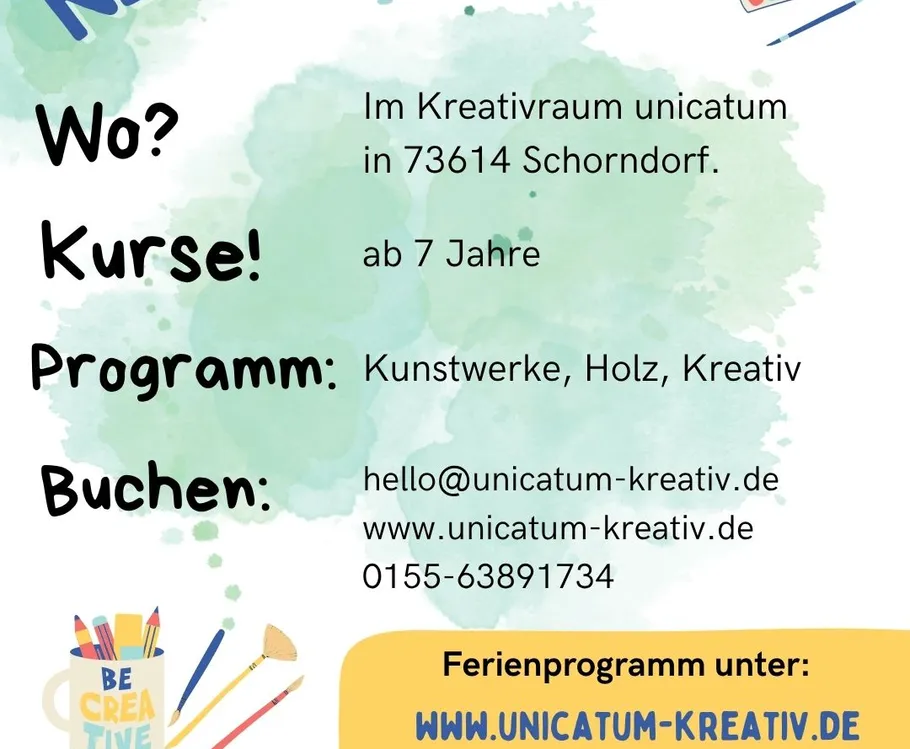 Kurs-Flyer mit Kontaktdaten und Kunstwerkzeugen.