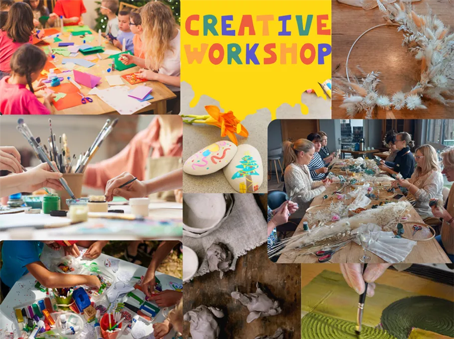 Collage verschiedener kreativer Workshop-Aktivitäten.