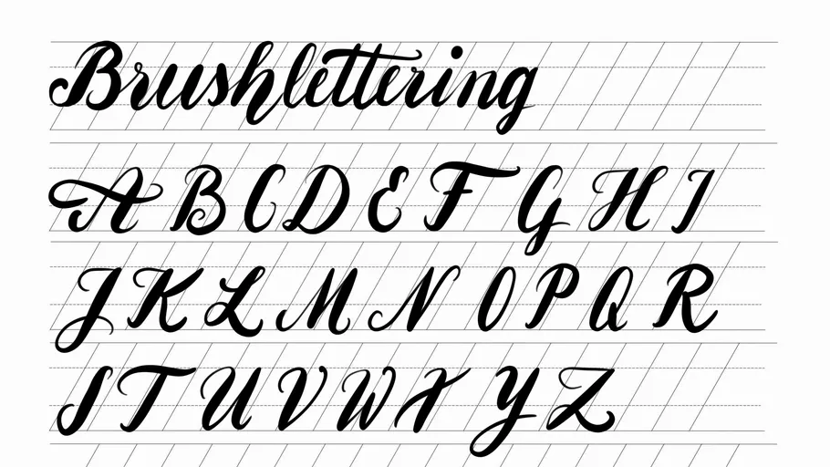 Brush lettering alphabet on lined paper.
