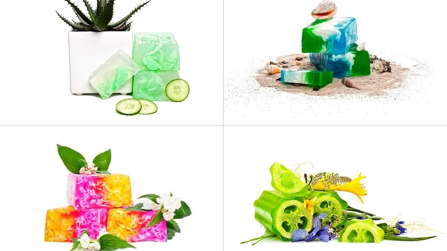 Four colorful soap bars with different backgrounds.