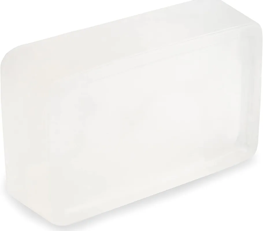 Rectangular transparent soap on white background.