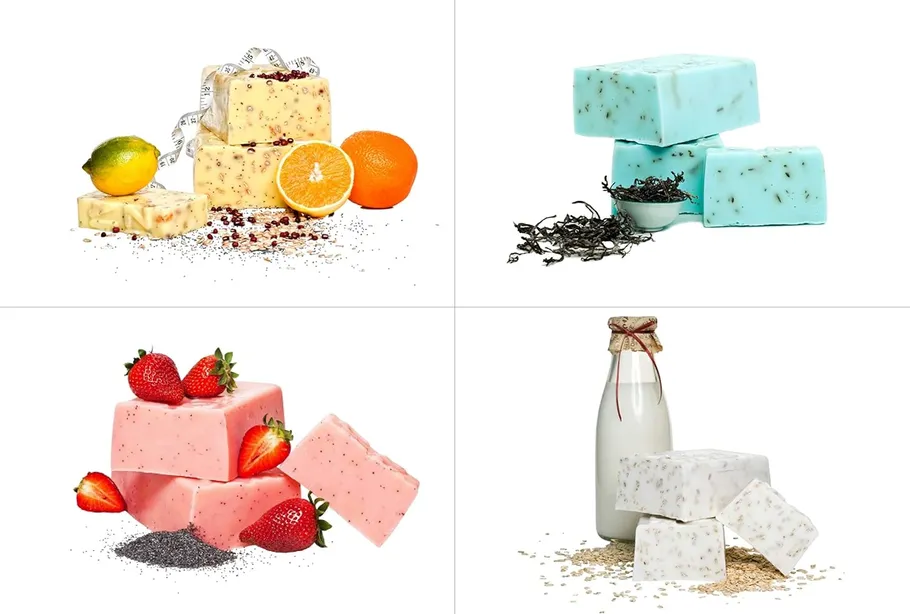 Four soap varieties with fruits and herbs.