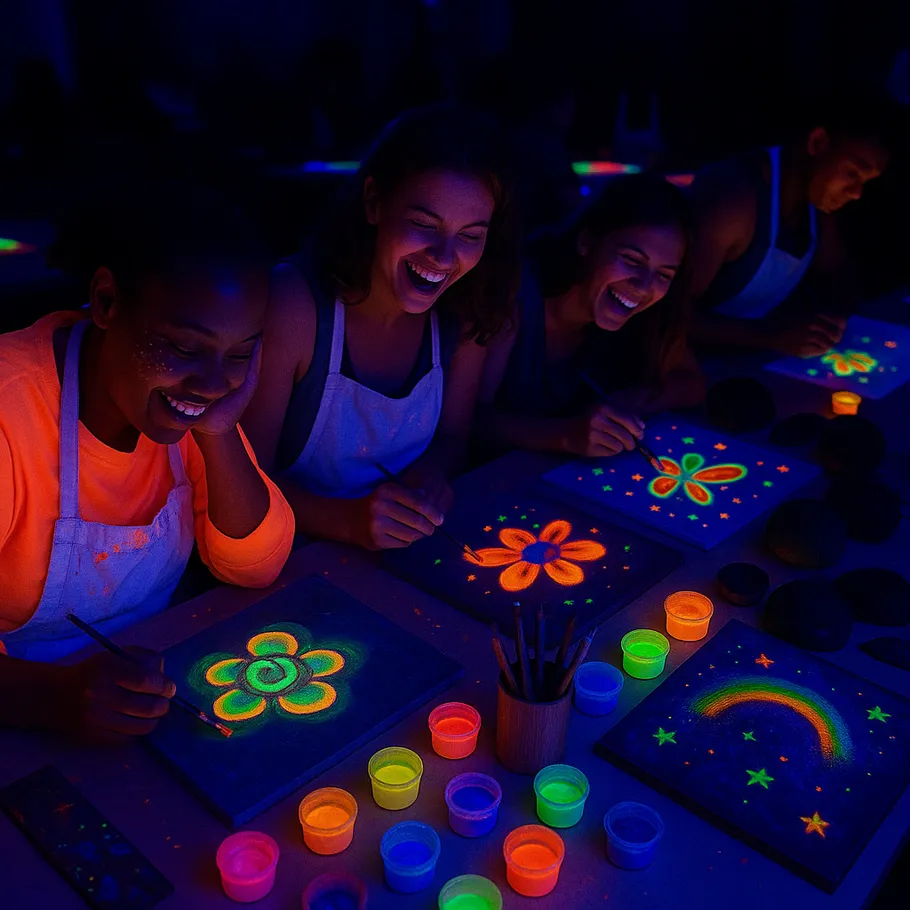 People paint with colorful glowing paints in darkness.