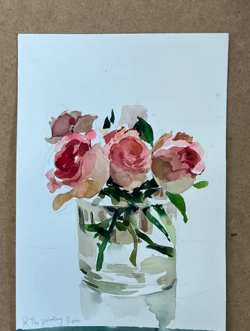 Watercolor roses in a clear glass vase.