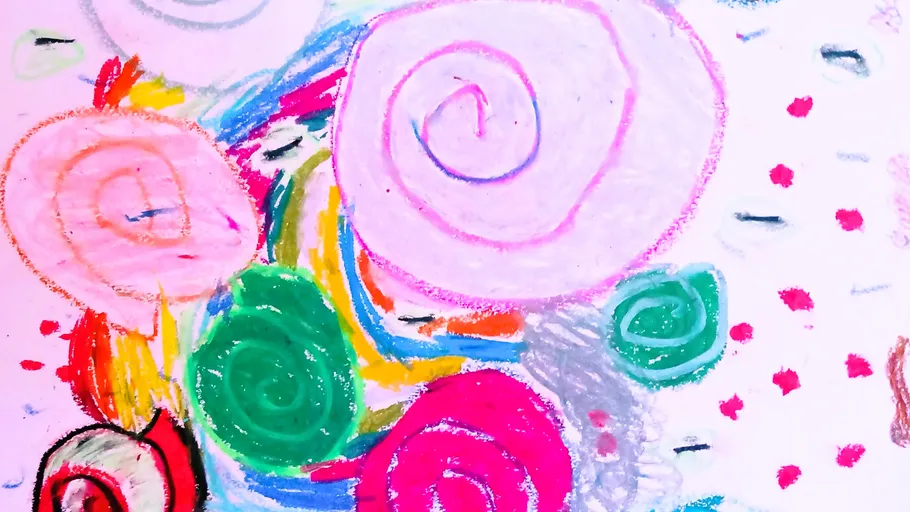 Bunte Spiralen in abstraktem Wachsmalstiftbild.