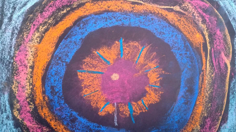 Colorful abstract drawing with concentric circles.