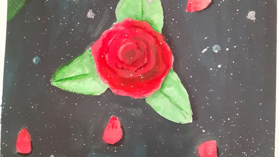 Rotes Rosenbild mit grünen Blättern, schwarzer Hintergrund.