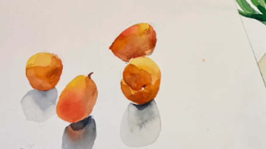Watercolor peaches on white paper.