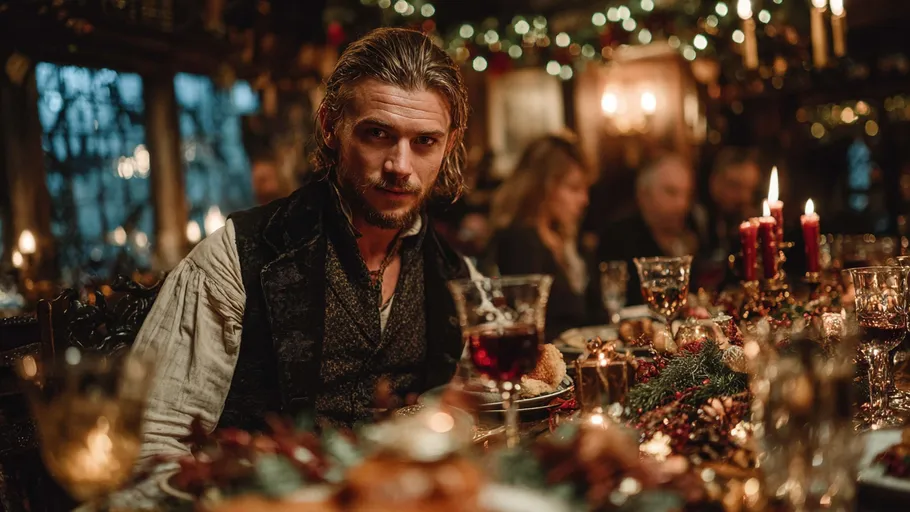 Man seated at festive candlelit dinner table.