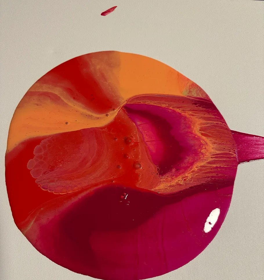 Circular abstract painting with vibrant colors.