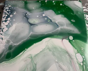 Abstract green and white fluid art painting.