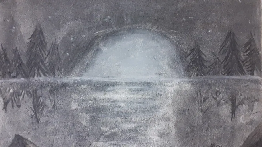 Black and white drawing: moonlit forest landscape.