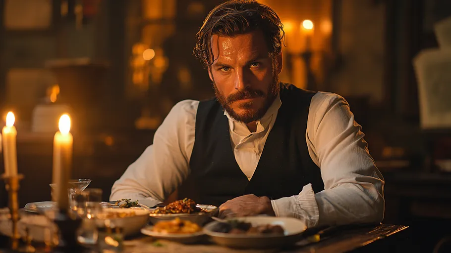 Man seated, intense gaze, dining table setting.