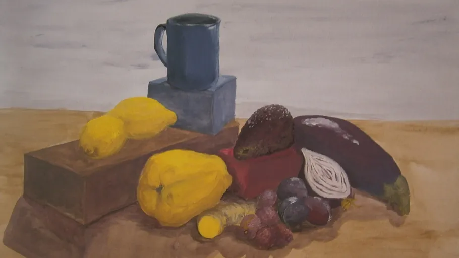Still life with fruits on wooden table.
