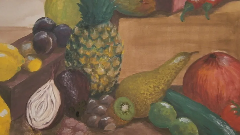 Fruchtgemälde mit Ananas, Birne, Kiwi und mehr.