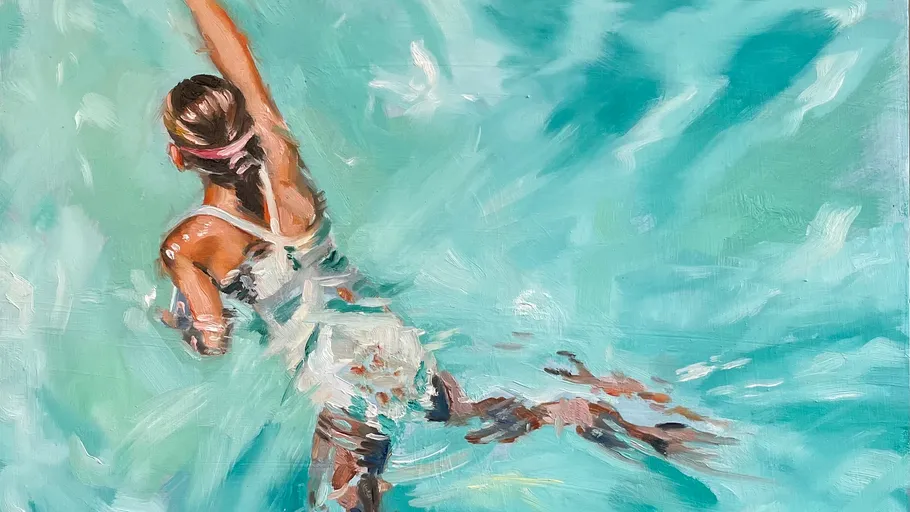 Woman swimming in turquoise water, artistic style.