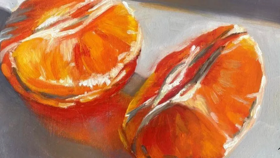 Orangenhälften, mit kräftigen Farben gemalt.