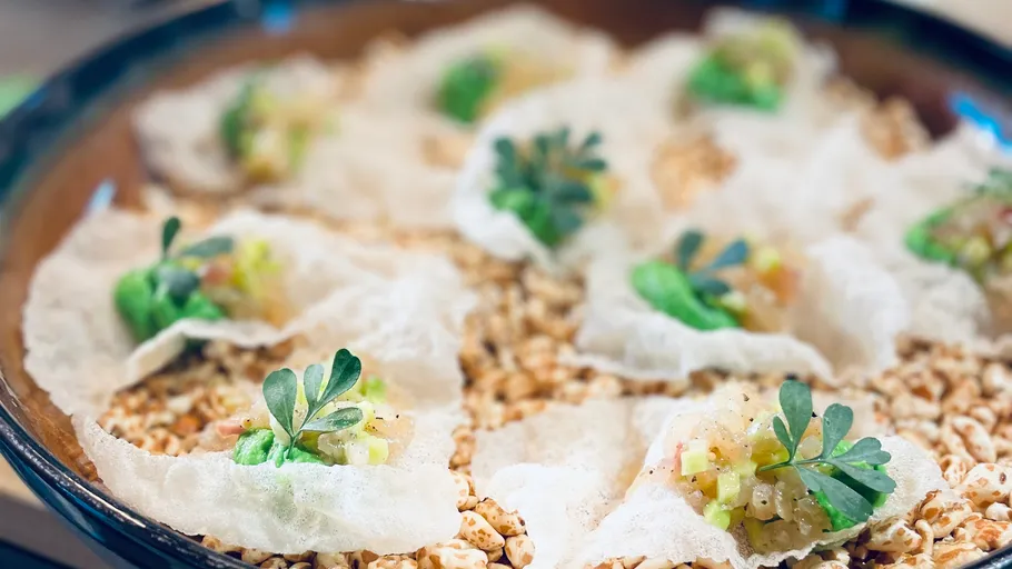 Gourmet-Vorspeisen auf einem Bett aus Körnern.