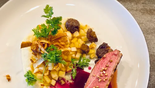 Gericht mit Entenbrust, Garnitur und Sauce.