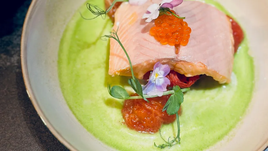 Salmon fillet on green sauce with garnish.