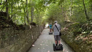 People riding Segways on forest path.