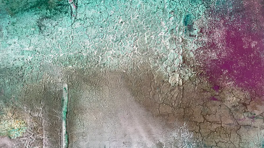 Textured abstract art with green and purple hues.