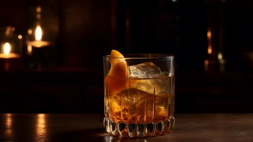 Whiskey mit Eis und Orangenschale in schummriger Bar.