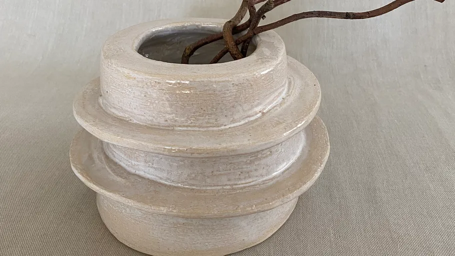 Weiße Keramikvase mit verdrehten Ästen darin.