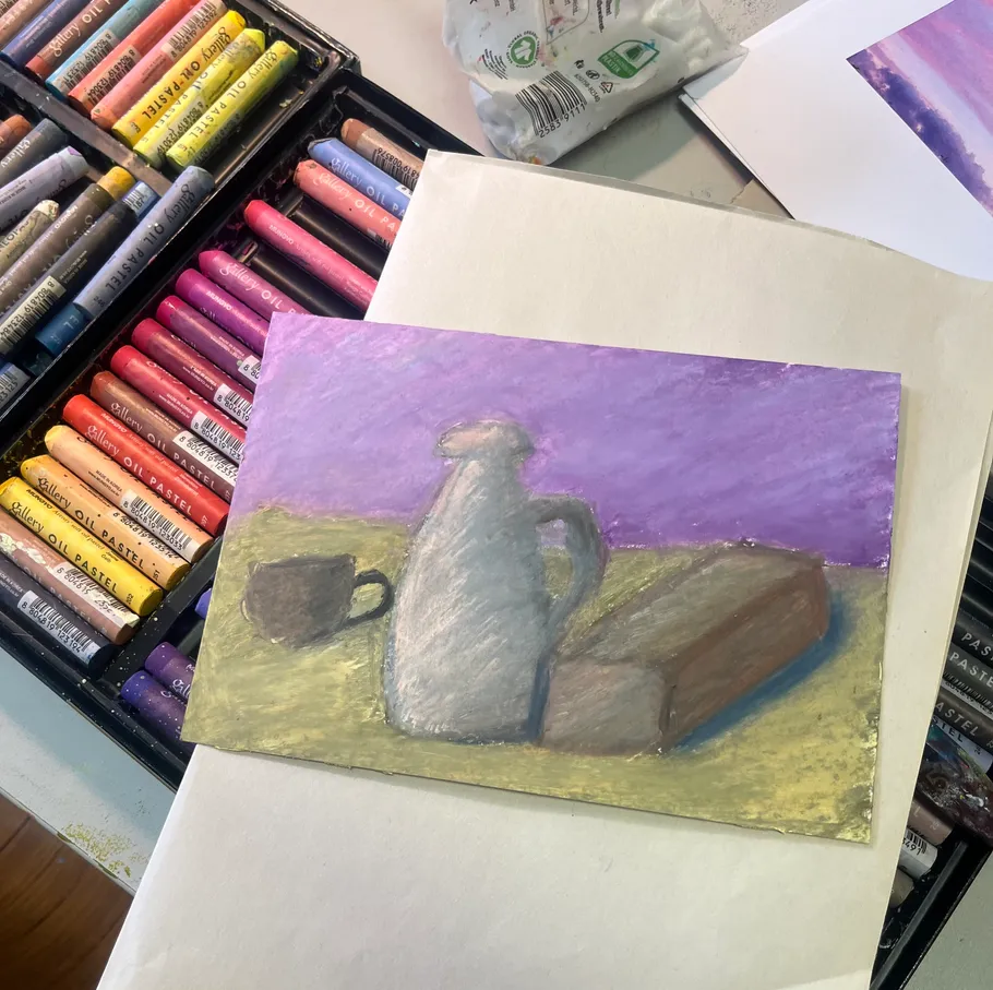 Oil pastel drawing with jugs and blocks.
