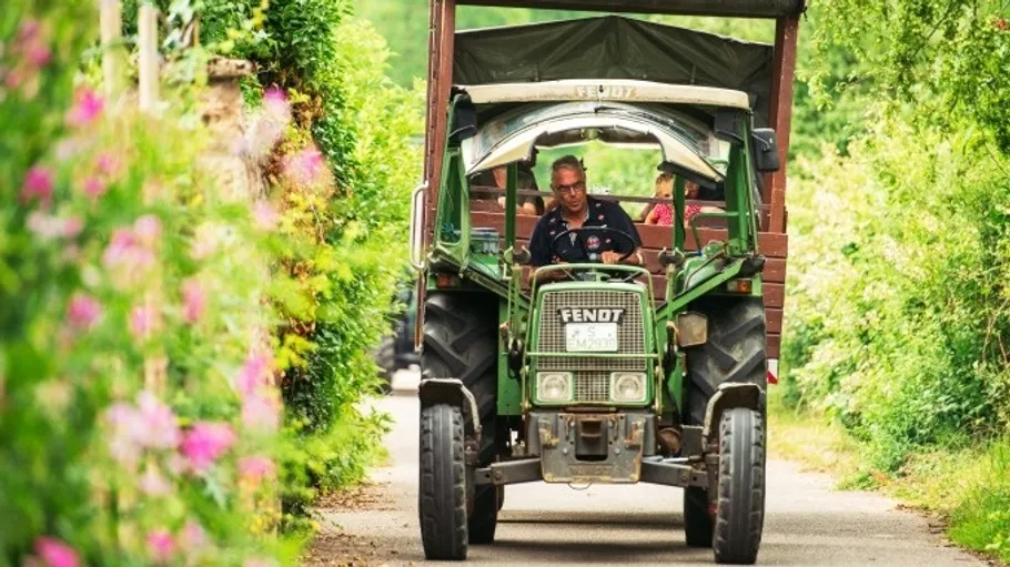 Tractor driving down rural road with greenery.