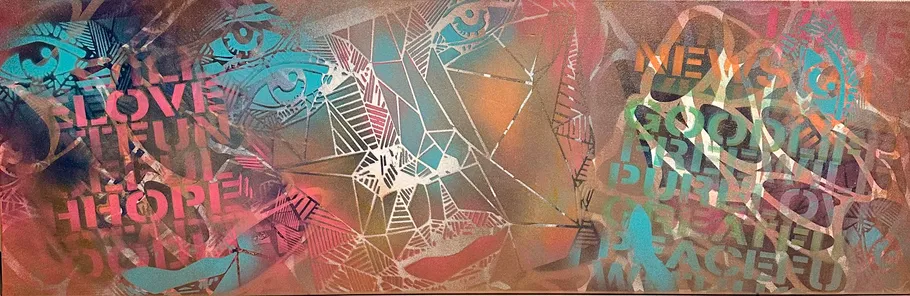 Abstraktes Wandbild mit Augen und geometrischen Mustern.
